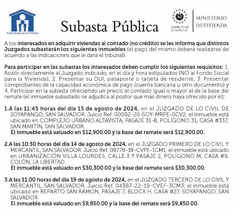 Imagen con información de subasta pública a partir del 15 de agosto de 2024 