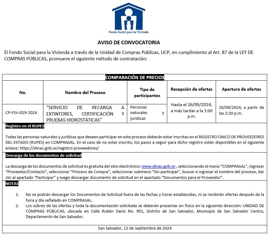 Imagen con información sobre aviso de convocatoria N° CP-FSV-029-2024