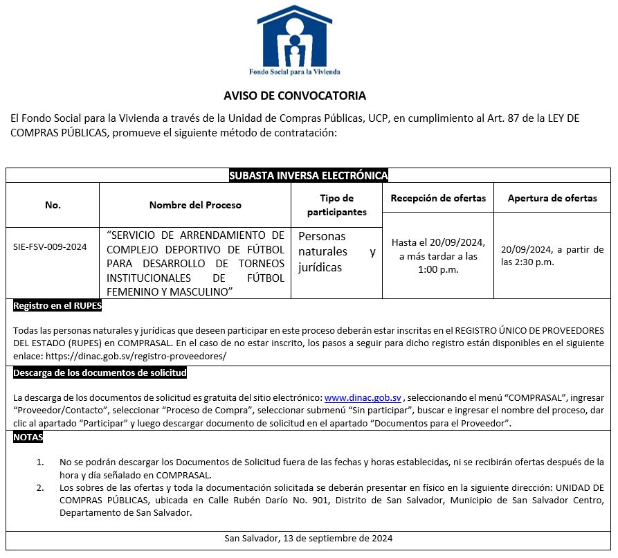 Imagen con información de aviso de convocatoria sobre el proceso de subasta inversa SIE-FSV-009-2024