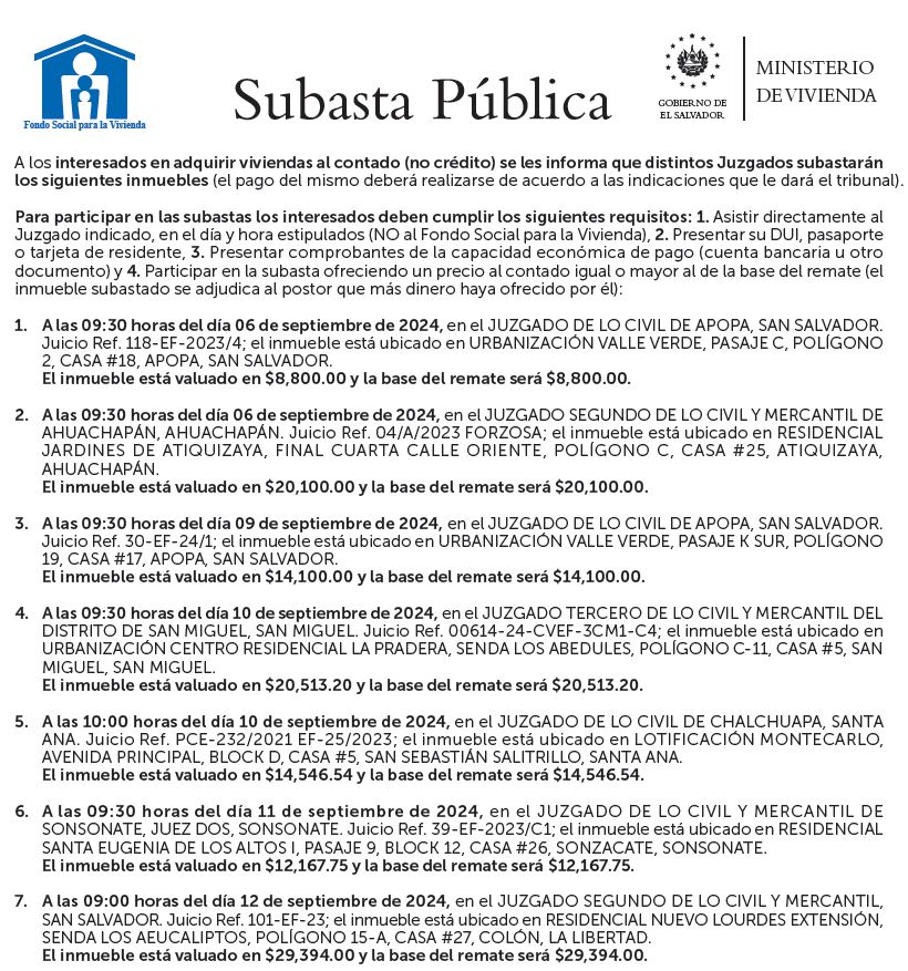 Imagen con información de subasta pública a partir del 6 de septiembre de 2024