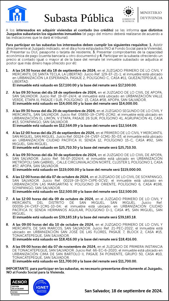 Imagen con información relacionada a subasta pública a partir del 18 de septiembre