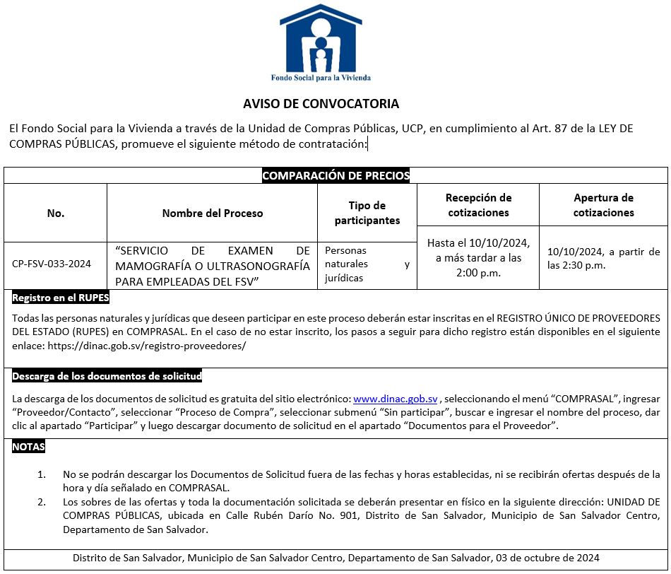 Imagen con información sobre aviso de convocatoria CP-FSV-033-2024