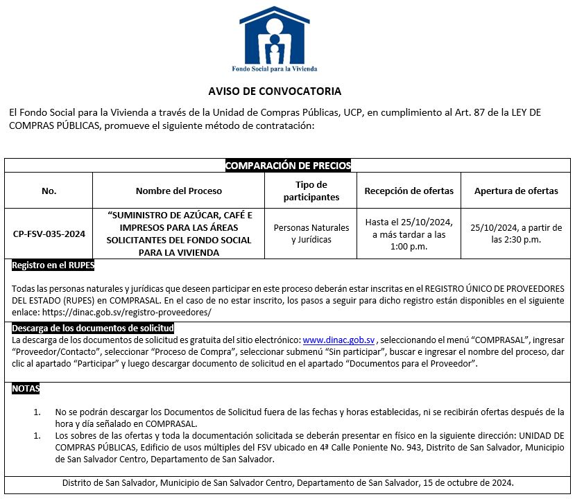 Imagen con información sobre aviso de convocatoria CP-FSV-035-2024