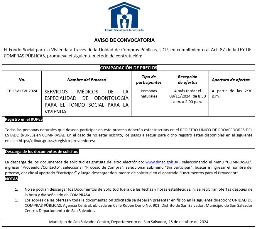 Imagen con información sobre aviso de convocatoria CP-FSV-038-2024