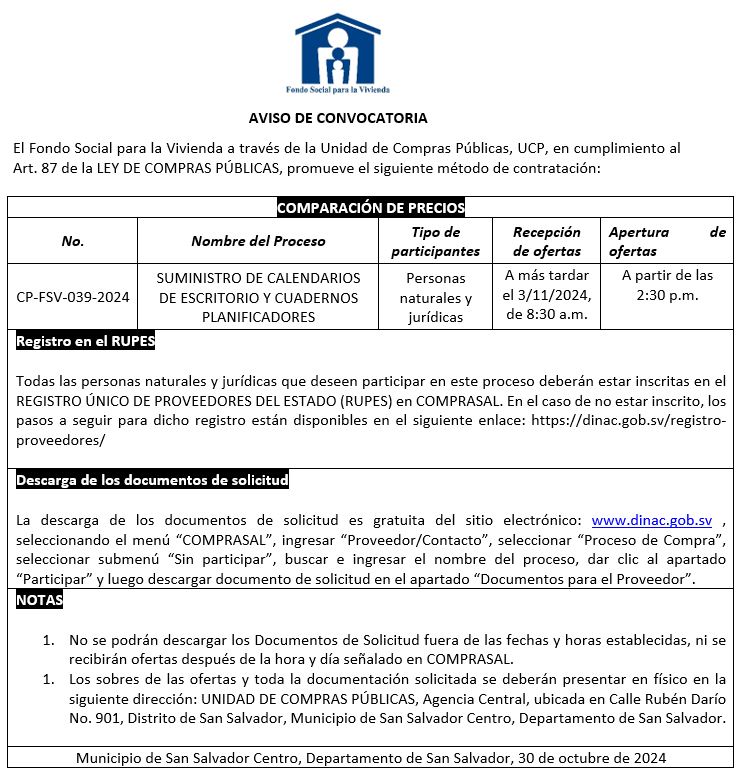 Imagen con información de convocatoria CP-FSV-039-2024