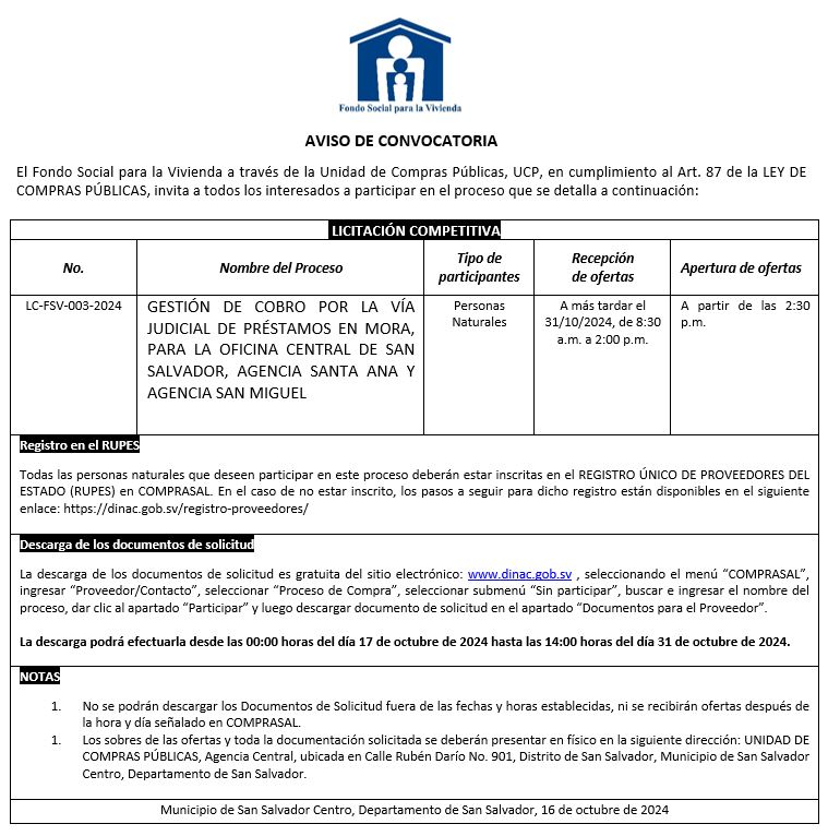 Imagen sobre aviso de convocatoria LC-FSV-003-2024