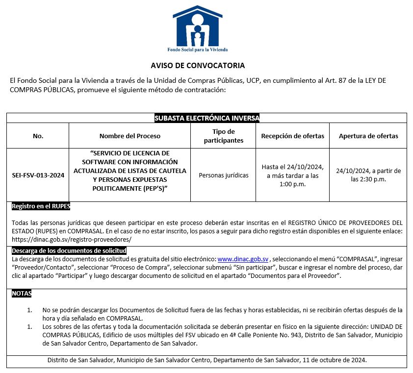 Imagen con información sobre proceso de convocatoria SEI-FSV-013-2024