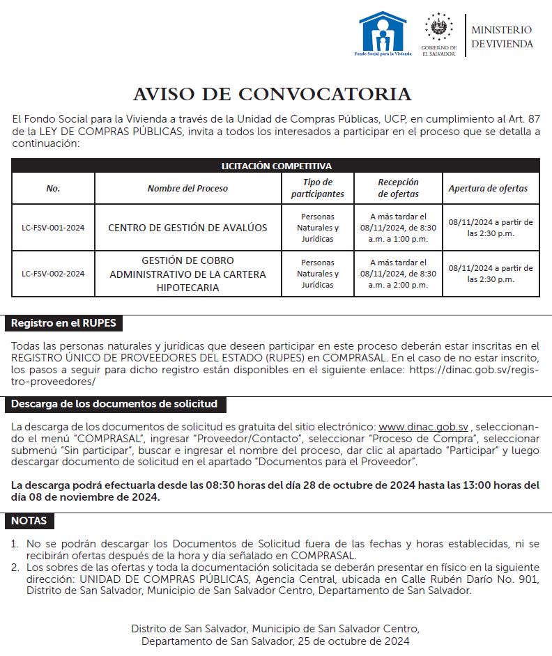 imagen con información sobre aviso de convocatoria LC-FSV-001-2024 y LC-FSV-002-2024