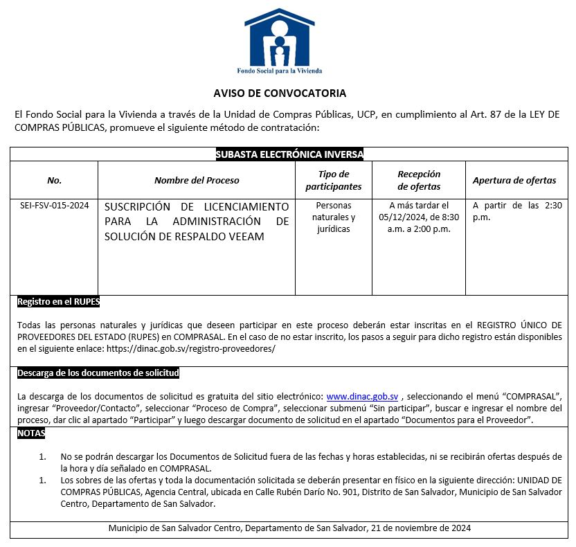 Imagen sobre aviso de convocatoria SEI-FSV-015-2024