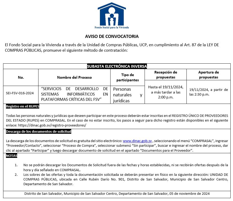 Imagen con información sobre aviso de convocatoria SEI-FSV-016-2024