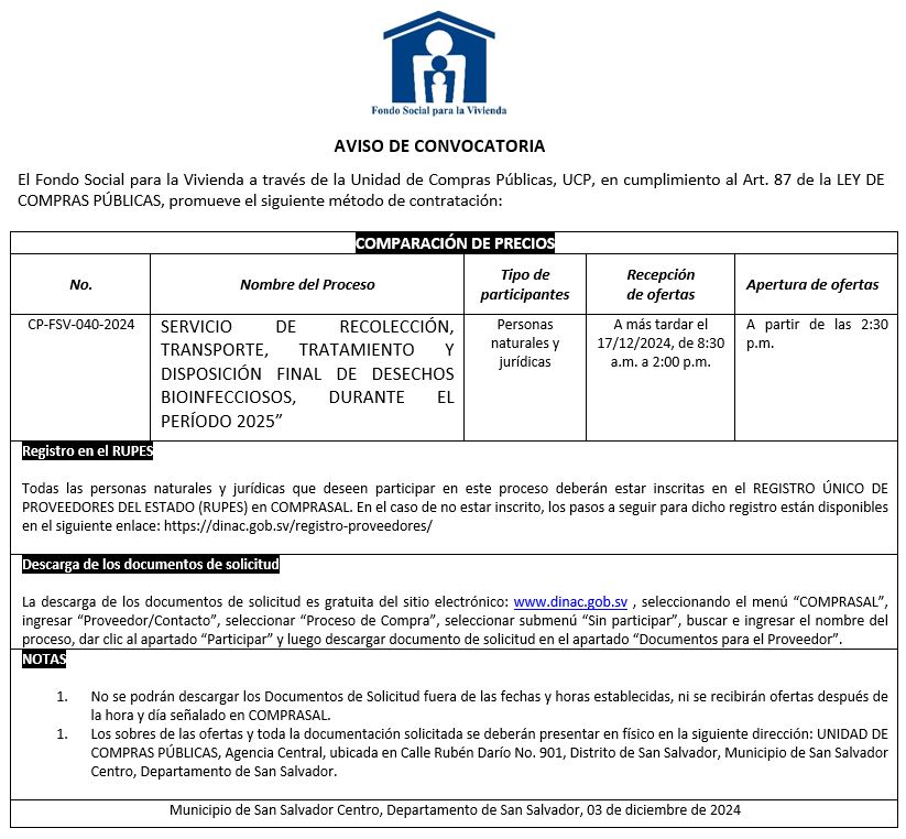 Imagen sobre AVISO DE CONVOCATORIA CP-FSV-040-2024