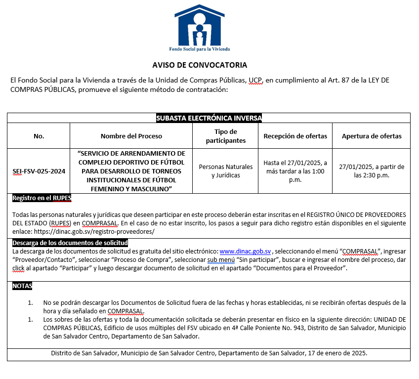 Convocatoria de Subasta Electrónica Inversa 17 de enero 2025