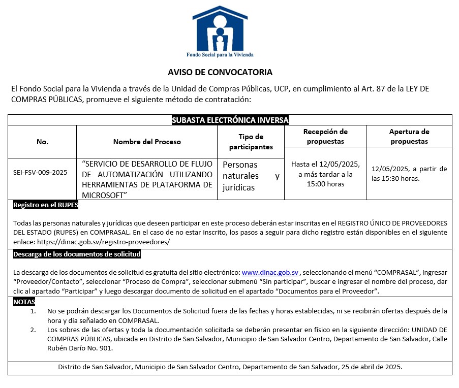 Imagen sobre AVISO DE CONVOCATORIA SEI-FSV-009-2025