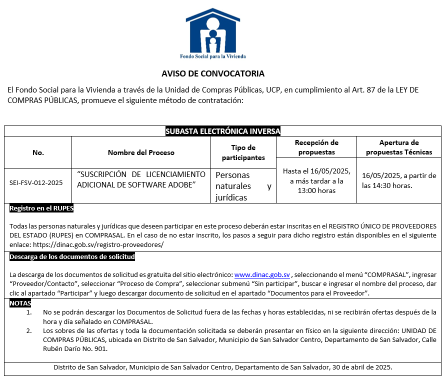 Imagen sobre información de aviso de convocatoria SEI-FSV-012-2025