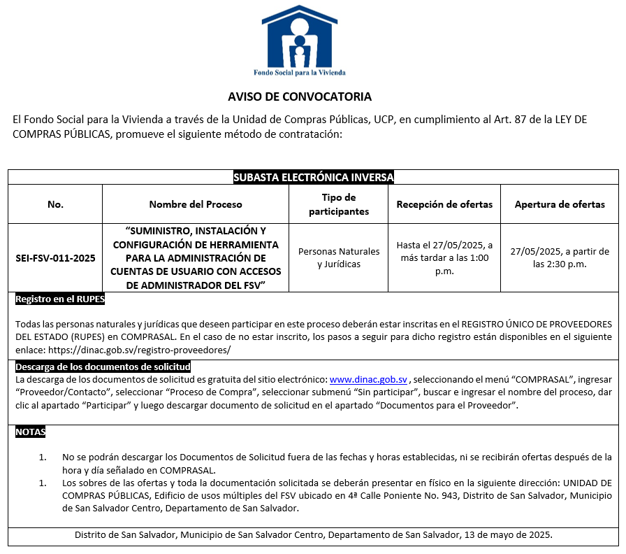 Imagen sobre AVISO DE CONVOCATORIA SEI-FSV-011-2025