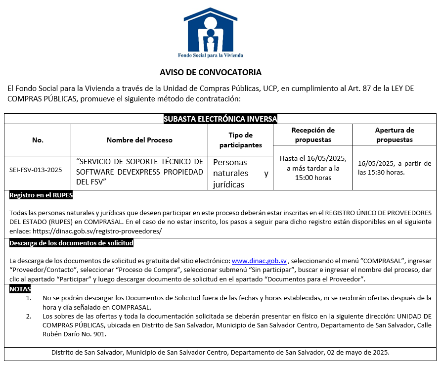 Imagen sobre AVISO DE CONVOCATORIA SEI-FSV-013-2025