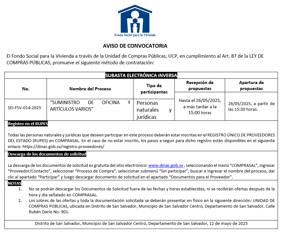 Imagen sobre AVISO DE CONVOCATORIA SEI-FSV-014-2025