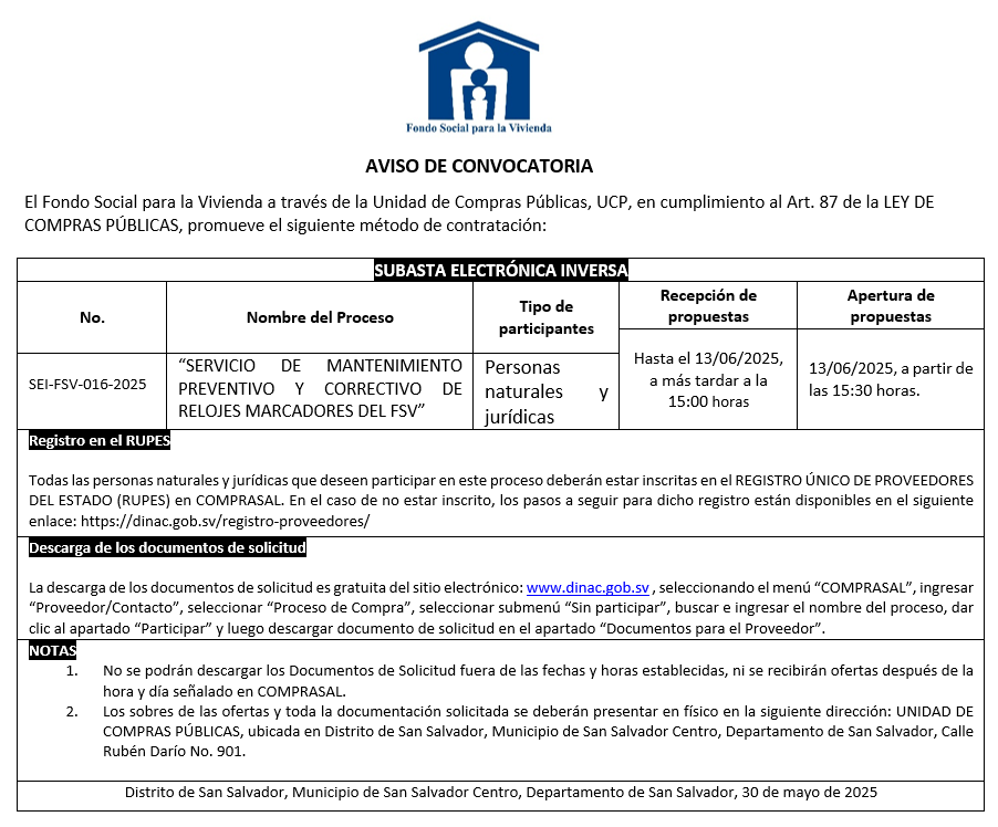 Imagen sobre AVISO DE CONVOCATORIA SEI-FSV-016-2025