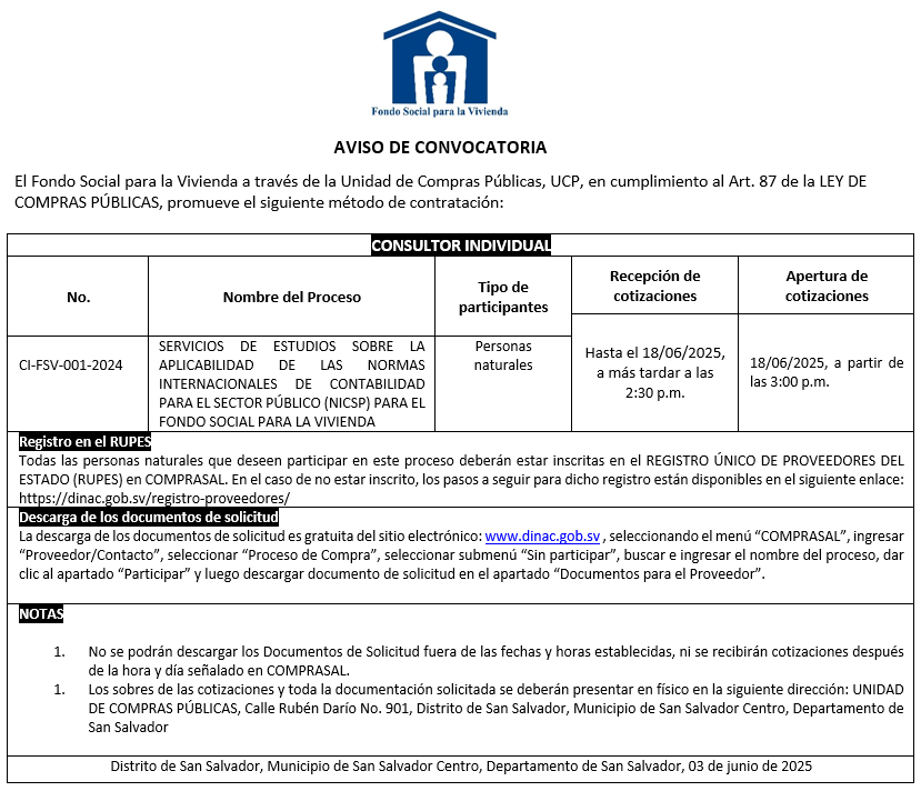 Imagen de AVISO DE CONVOCATORIA CI-FSV-001-2024