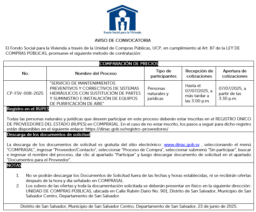 Imagen sobre AVISO DE CONVOCATORIA CP-FSV-008-2025