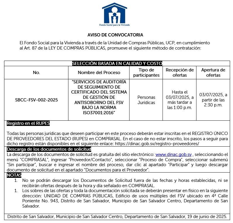 Imagen AVISO DE CONVOCATORIA SBCC-FSV-002-2025