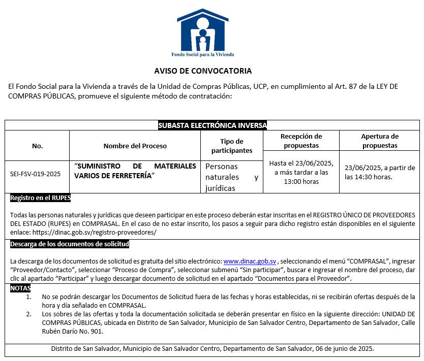 Imagen de AVISO DE CONVOCATORIA SEI-FSV-019-2025