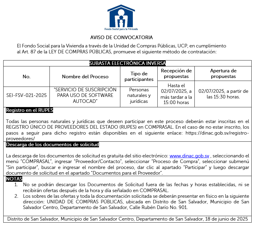 Imagen AVISO DE CONVOCATORIA SEI-FSV-021-2025