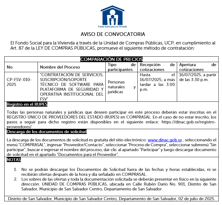 Imagen sobre AVISO DE CONVOCATORIA CP-FSV-010-2025