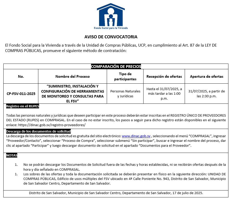 AVISO DE CONVOCATORIA CP-FSV-011-2025
