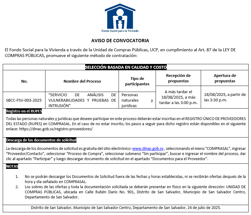 Imagen de AVISO DE CONVOCATORIA SBCC-FSV-003-2025