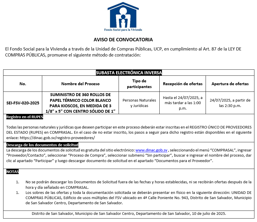 Imagen de AVISO DE CONVOCATORIA SEI-FSV-020-2025