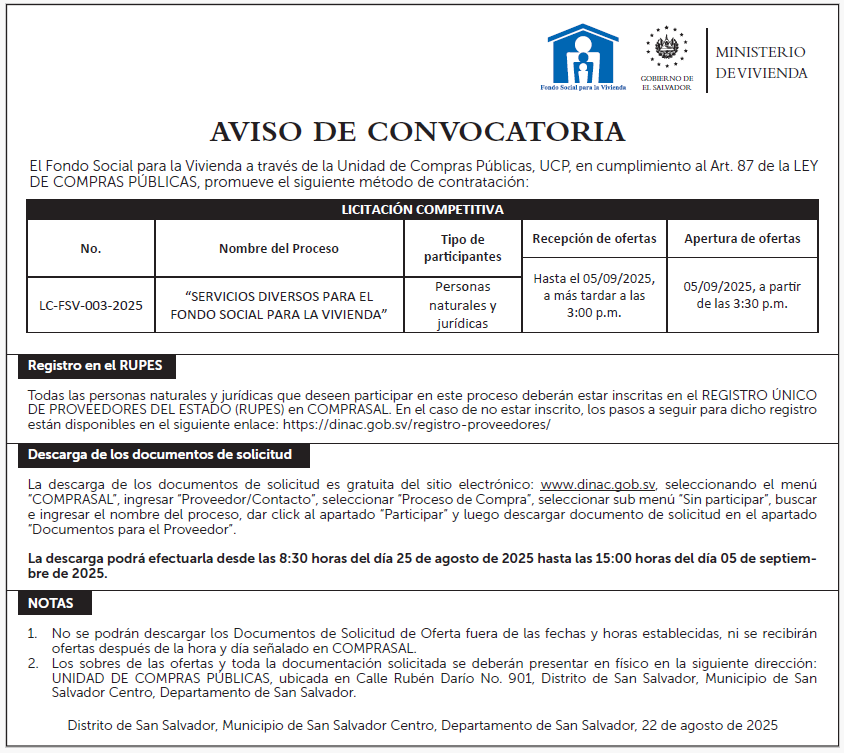AVISO DE CONVOCATORIA LC-FSV-003-2025
