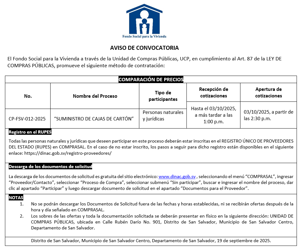 Imagen sobre AVISO DE CONVOCATORIA CP-FSV-012-2025