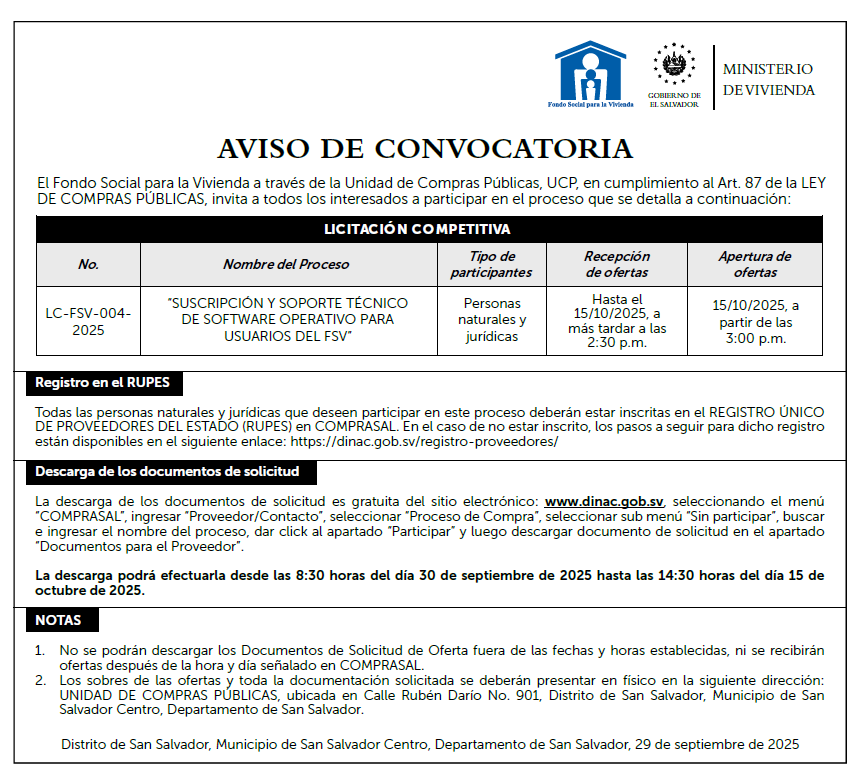 Imagen sobre AVISO DE CONVOCATORIA LC-FSV-004-2025