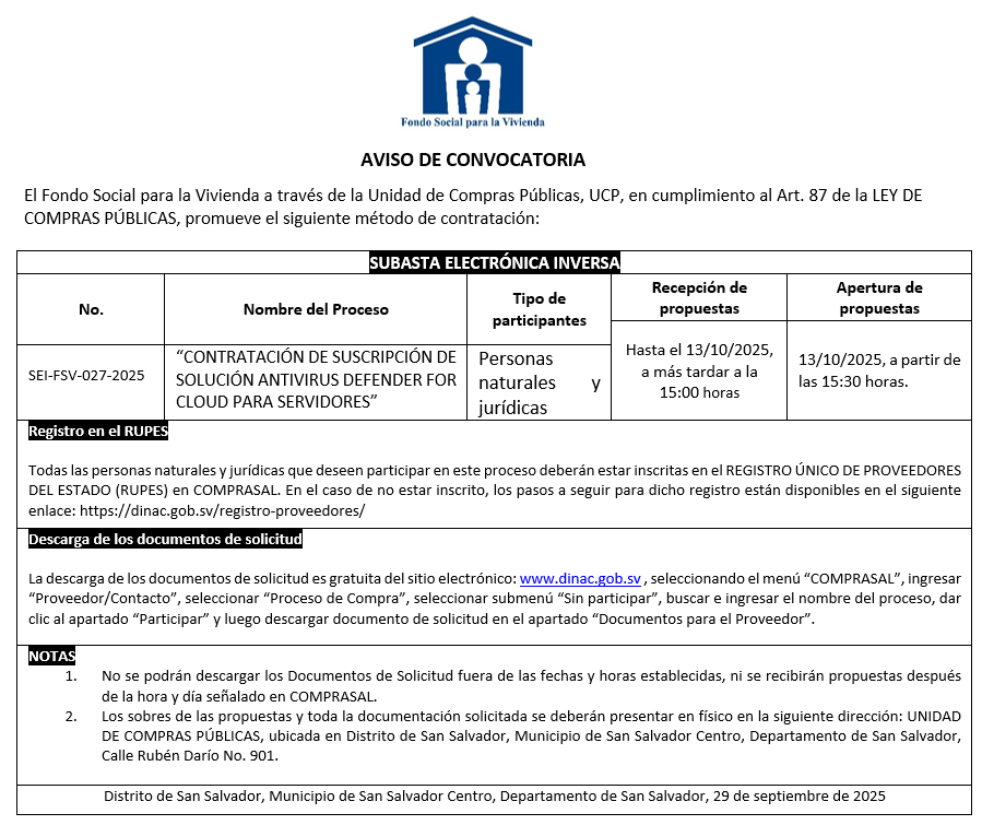 Imagen sobre AVISO DE CONVOCATORIA SEI-FSV-027-2025