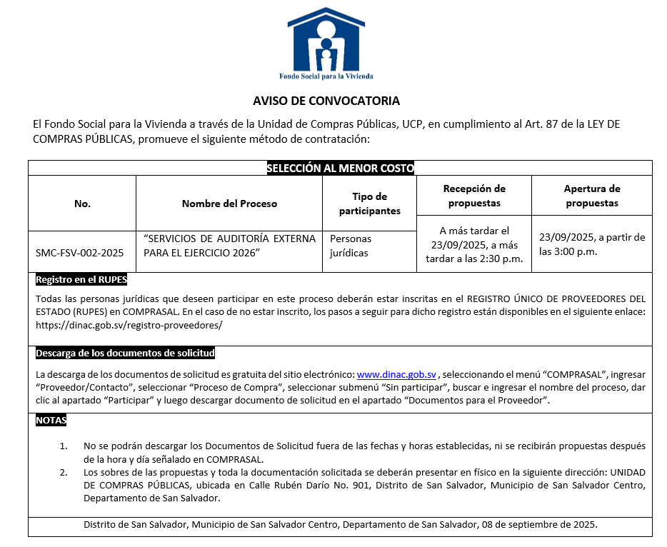 Imagen sobre AVISO DE CONVOCATORIA SMC-FSV-002-2025