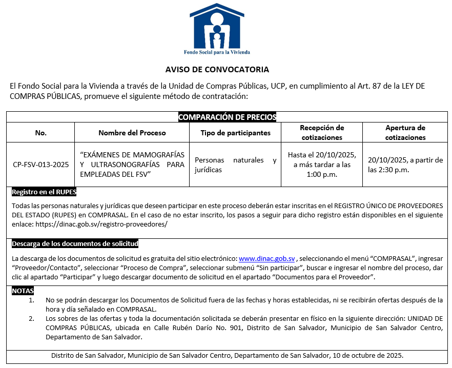 AVISO DE CONVOCATORIA CP-FSV-013-2025