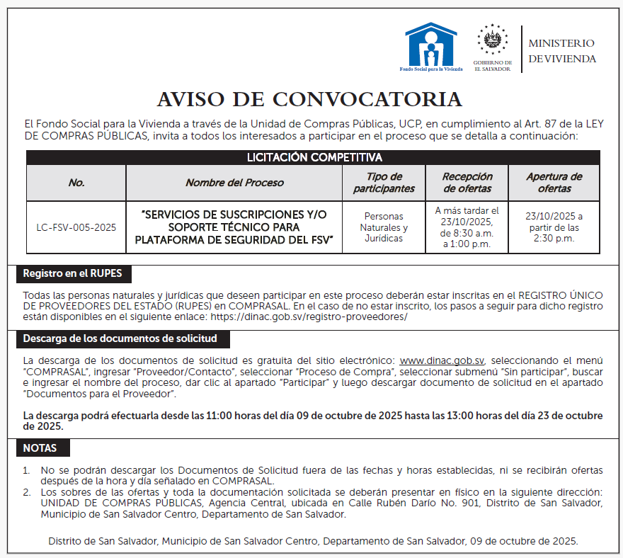 AVISO DE CONVOCATORIA LC-FSV-005-2025