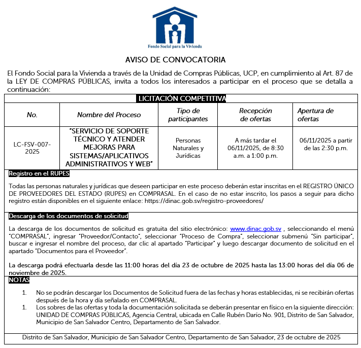 AVISO DE CONVOCATORIA LC-FSV-007-2025
