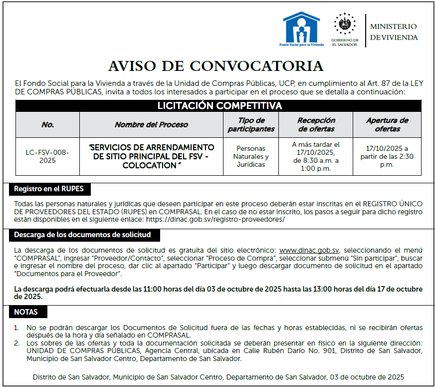 IMAGEN SOBRE AVISO DE CONVOCATORIA LC-FSV-008-2025