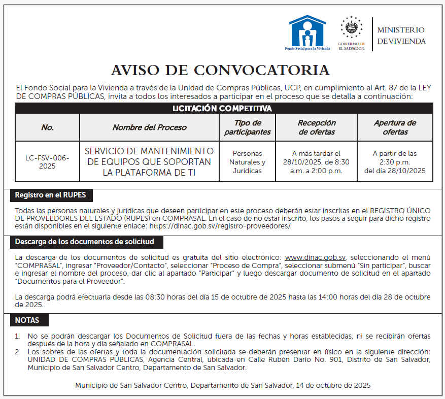AVISO DE CONVOCATORIA LC006-2025