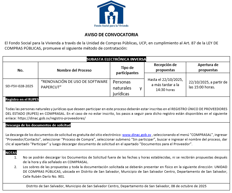 Imagen AVISO DE CONVOCATORIA SEI-FSV-028-2025