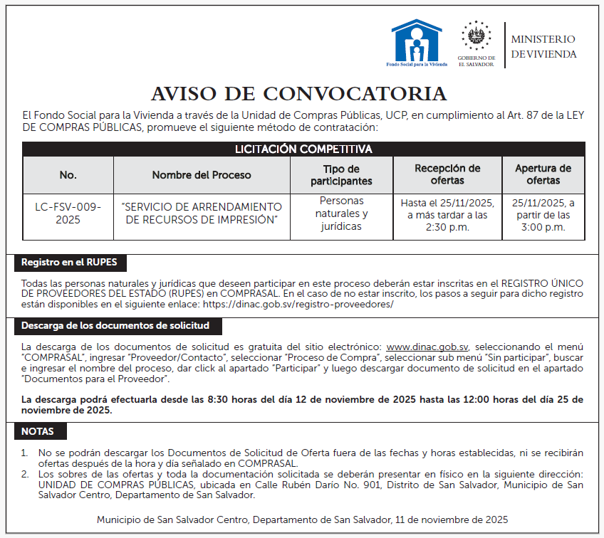 Aviso de convocatoria LC-FSV-009-2025