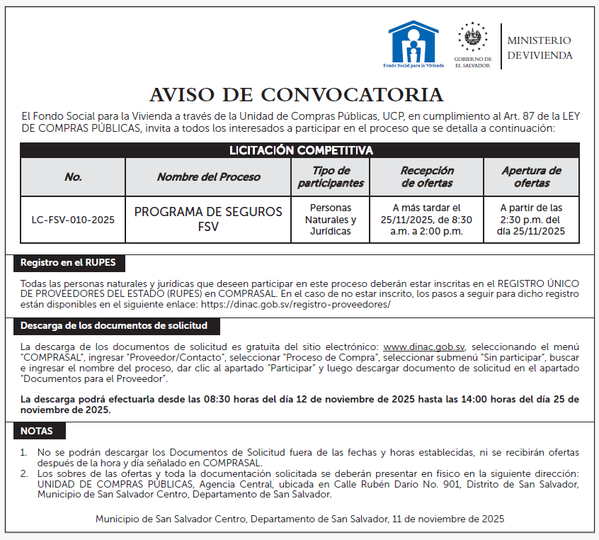 Aviso de convocatoria LC-FSV-010-2025