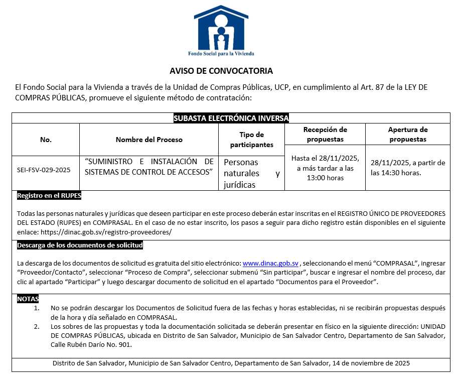 AVISO DE CONVOCATORIA SEI-FSV-029-2025
