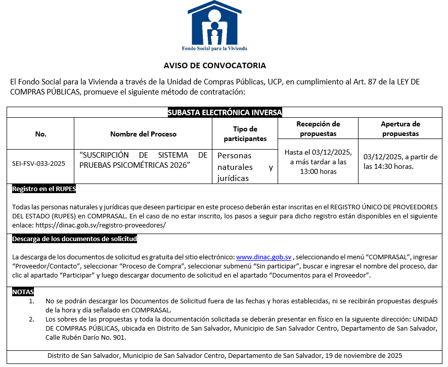AVISO DE CONVOCATORIA SEI-FSV-033-2025