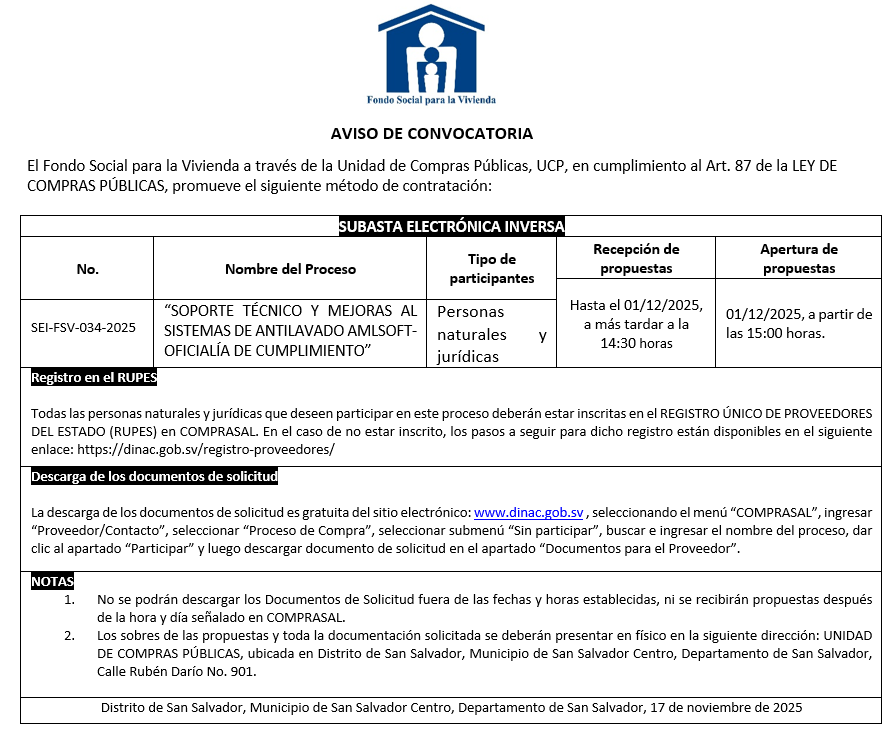 AVISO DE CONVOCATORIA SEI-FSV-034-2025