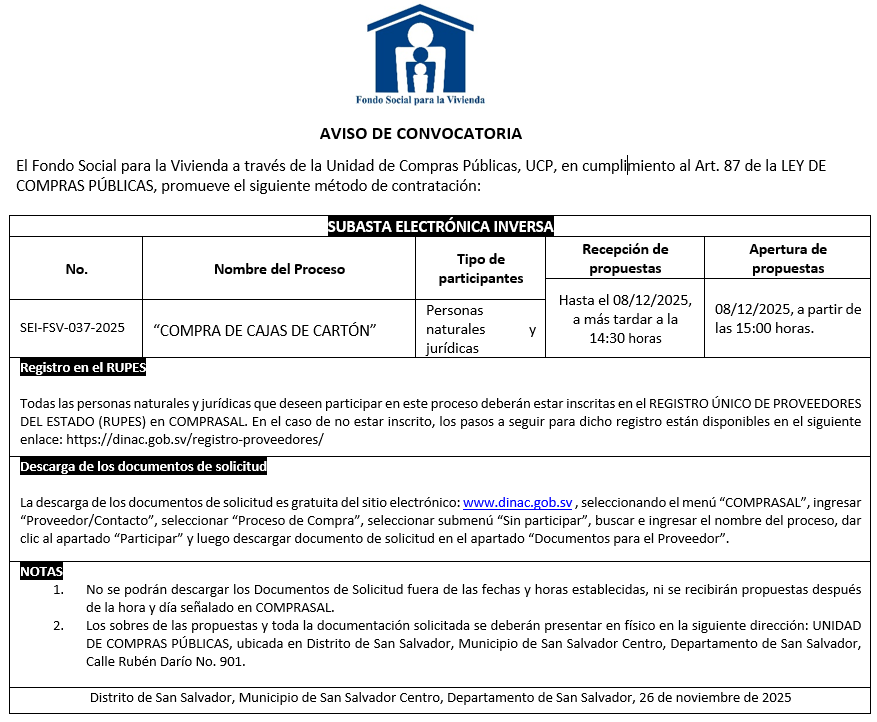 AVISO DE CONVOCATORIA SEI-FSV-037-2025
