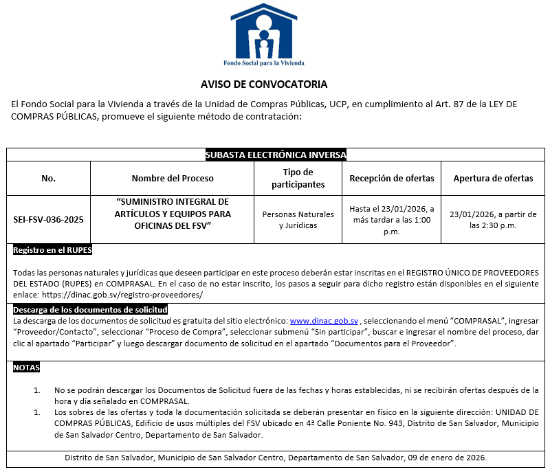 IMAGEN DE AVISO DE CONVOCATORIA SEI-FSV-036-2025