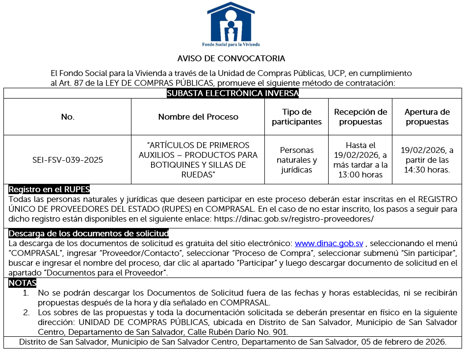 IMAGEN DE AVISO DE CONVOCATORIA SEI-FSV-039-2025